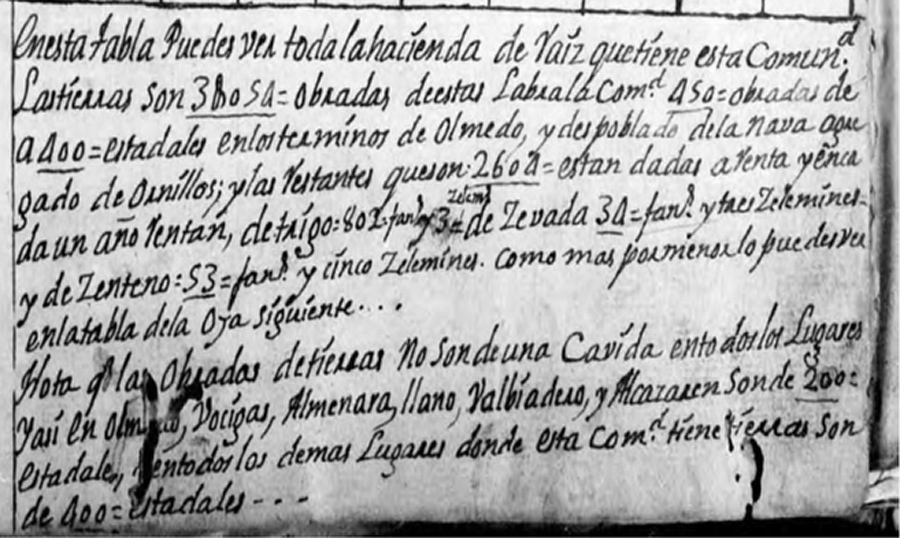 Página del Libro Becerro de La Mejorada en el que se puntualiza la “cavida” de las obradas en sus propiedades rústicas